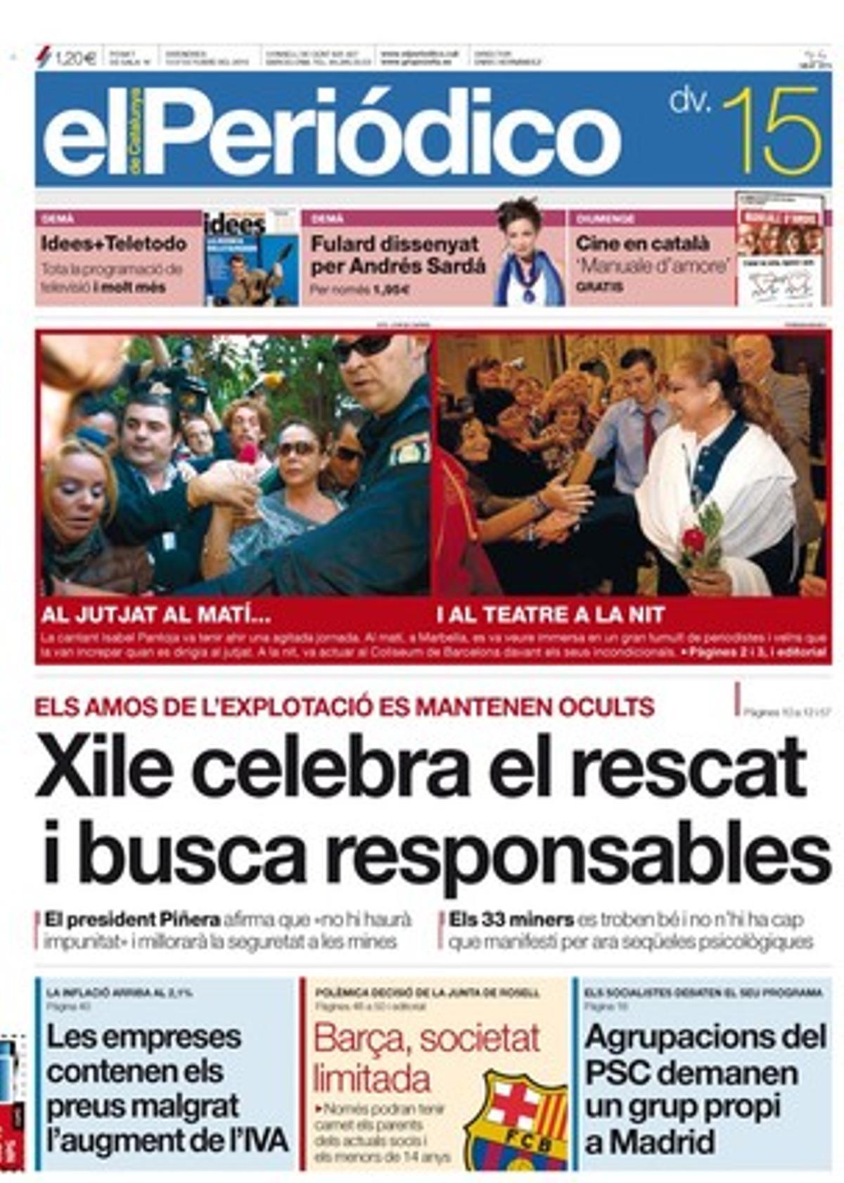 EL PERIÓDICO també destaca a les pàgines interiors que la Conselleria de Medi Ambient intenta blindar el límit de 80 km/h abans de les eleccions mentre la pol·lució a l’àrea de Barcelona baixa però segueix en un nivell perillós, i que el 13% dels joves catalans beuen en excés i es droguen. També realça que el Govern espanyol baixa un 28% la inversió en ciència a Catalunya, que Barcelona blinda la candidatura als Jocs d’hivern del 2022, que el sòl baixa un mil·límetre a la Sagrada Família pel túnel de l’AVE, i que la Generalitat preveu col·locar almenys 1.500 milions d’euros en bons. El ’+icult’ presenta l’oferta cultural del cap de setmana.