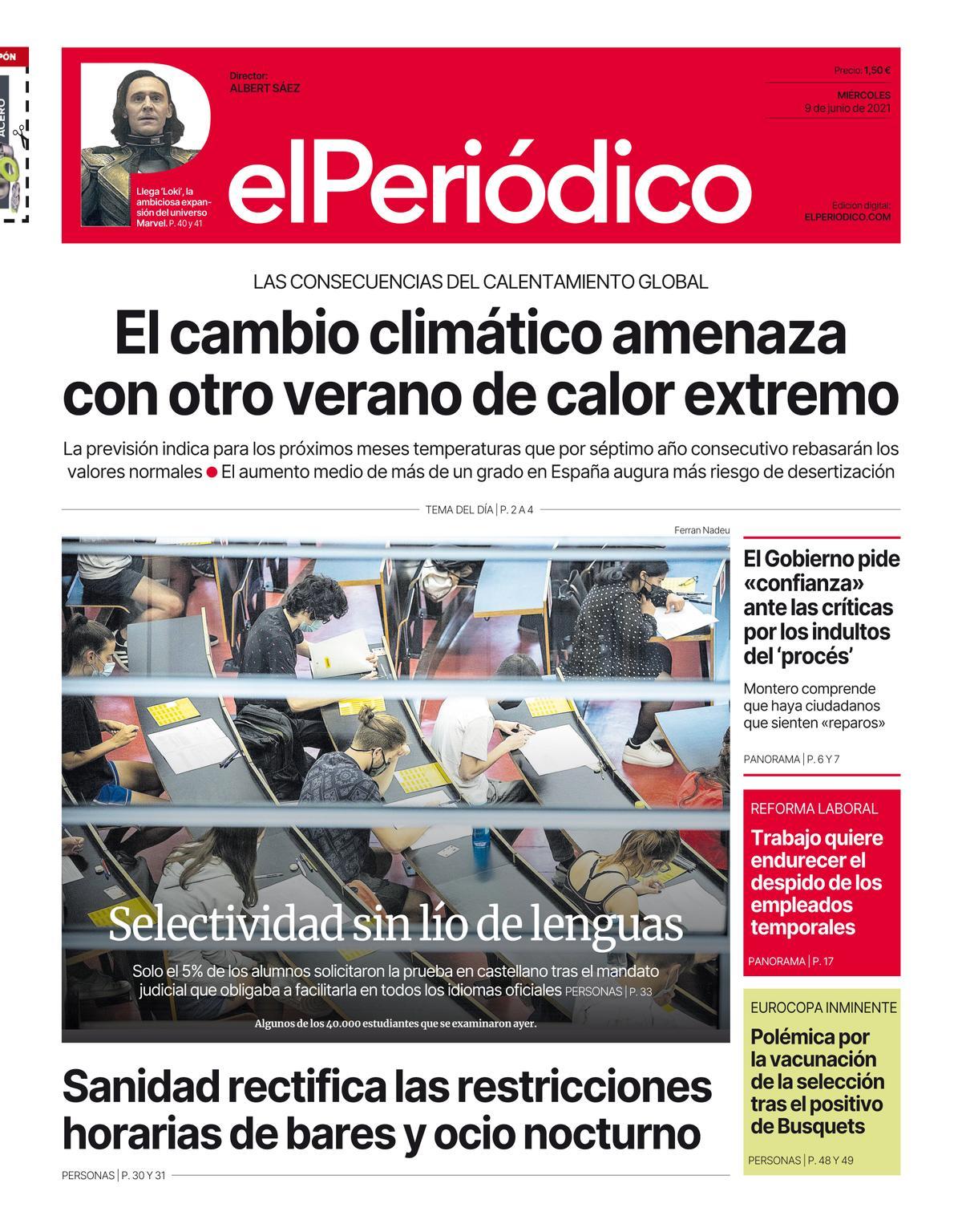 La portada d’EL PERIÓDICO del 9 de juny del 2021