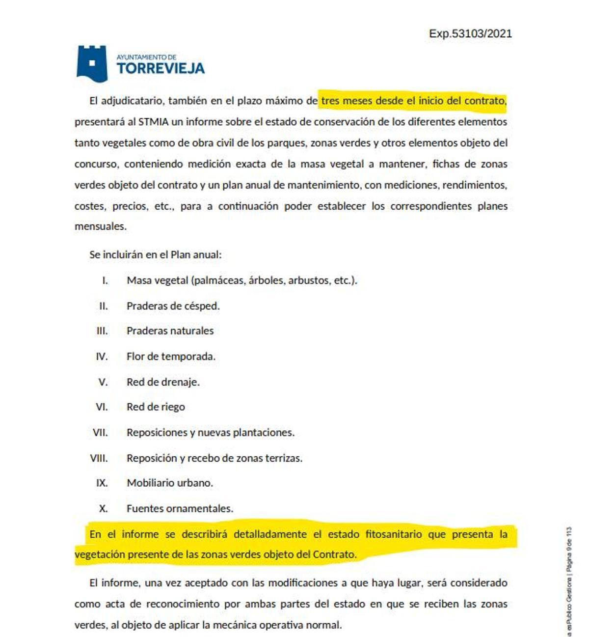 Extracto del pliego en el que se indica la obligatoriedad de realizar un informe a los tres meses de iniciarse el servicio, con el estado fitosanitario de las zonas verdes