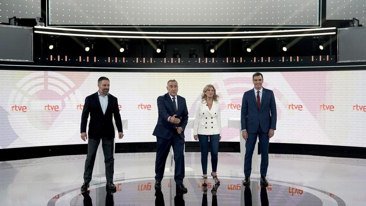 Debate en RTVE para las elecciones generales del 23J en el que participan Pedro Sánchez (PSOE), Yolanda Díaz (Sumar) y Santiago Abascal (Vox).