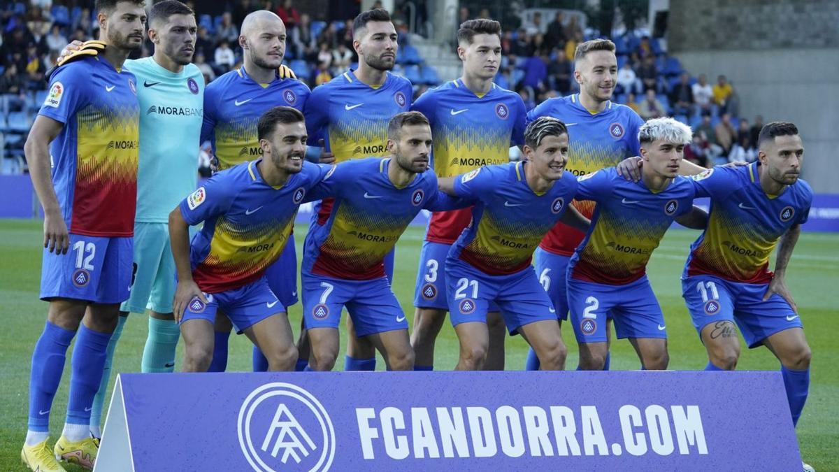 Once del FC Andorra en el encuentro de la presente temporada en su estadio frente al Levante. | LALIGA