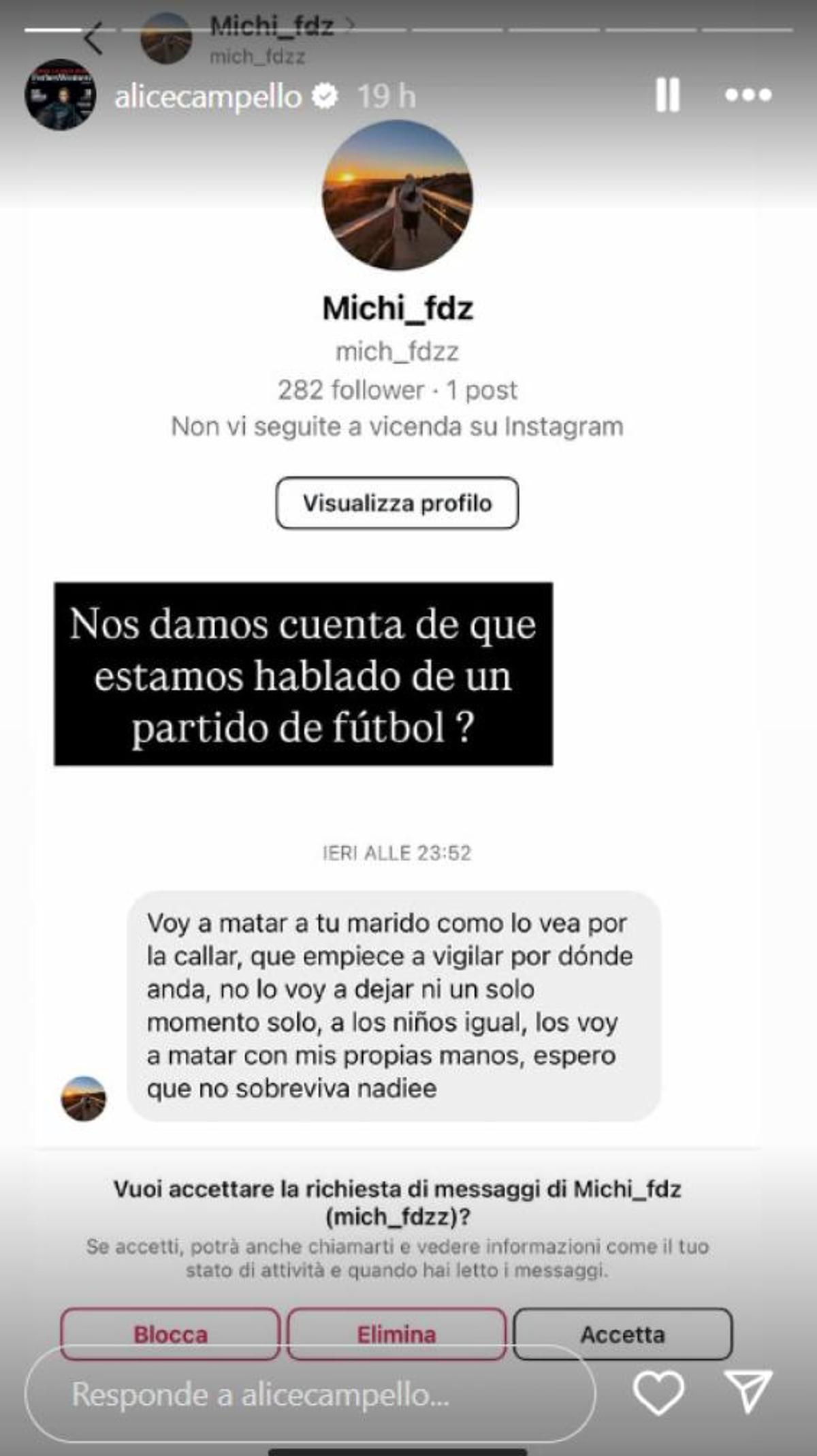 Amenaza recibida por Alice Campello, mujer de Morata, en Instagram que compartió en sus historias