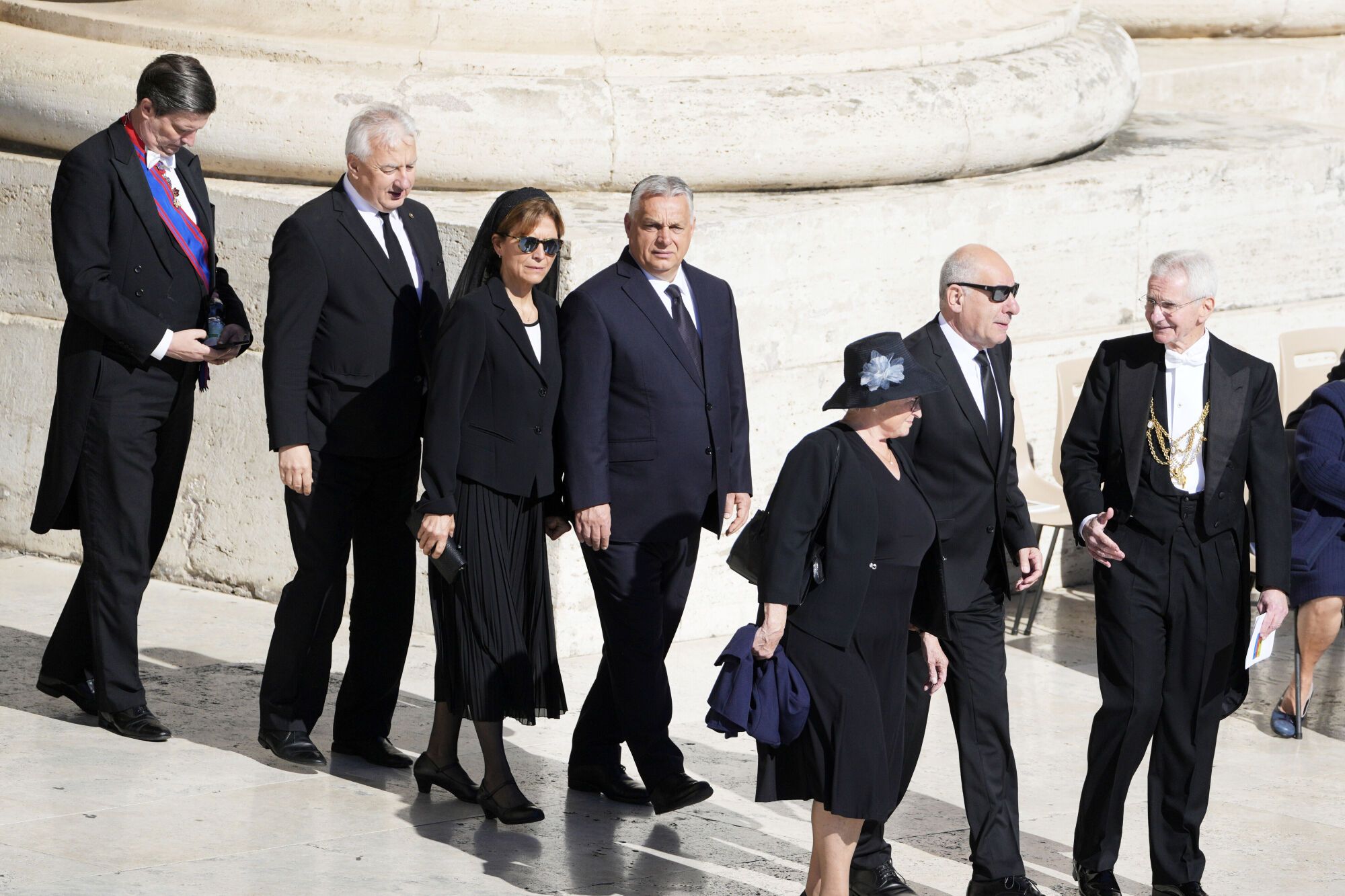 Hungary's Prime Minister Viktor Orban, fourth left, arrives for the funeral of Pope Francis in St. Peter's Square at the Vatican, Saturday, April 26, 2025. (AP Photo/Markus Schreiber). EDITORIAL USE ONLY/ONLY ITALY AND SPAIN