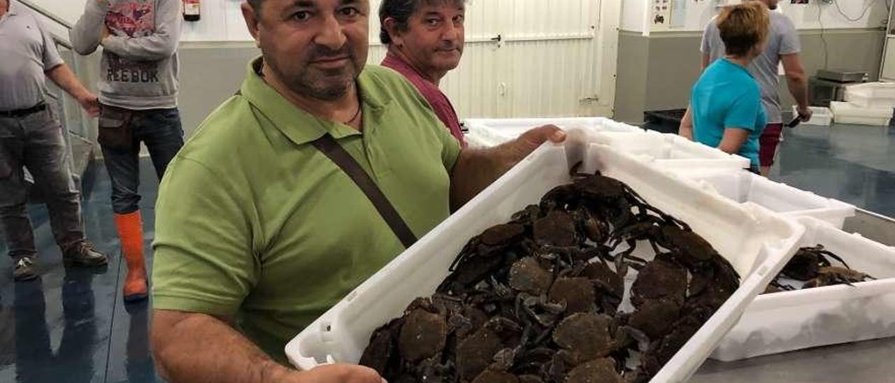 Un hombre muestra una caja de nécoras en la lonja de O Grove, al inicio de la campaña. // Muñiz