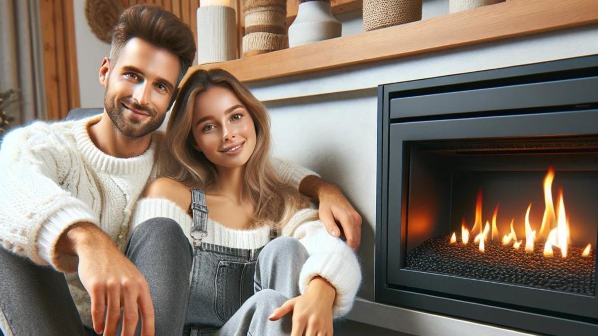 Una pareja junto a una chimenea de pellets