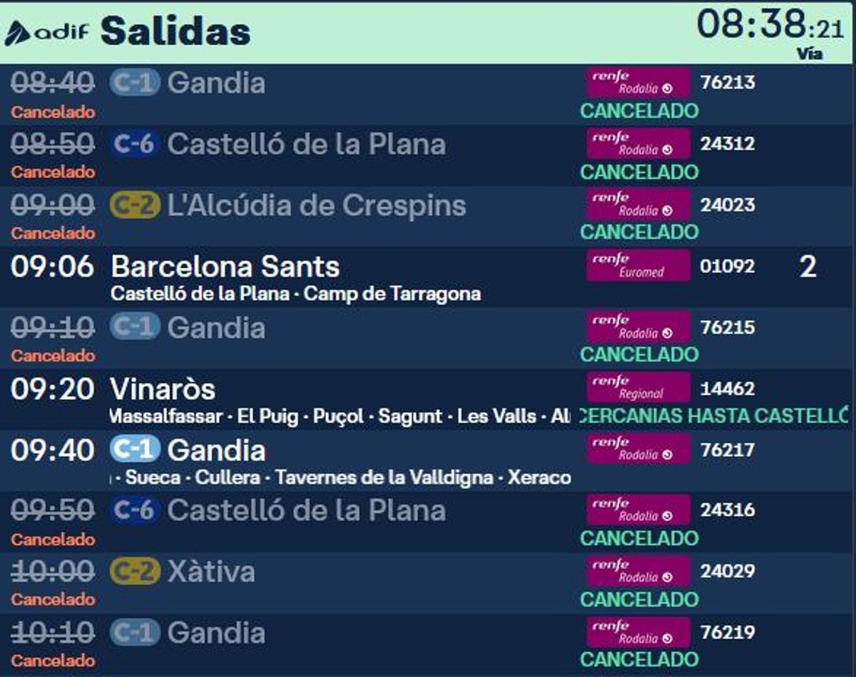 Panel de salidas hacia Gandia donde se ven las cancelaciones consecutivas en la C1.