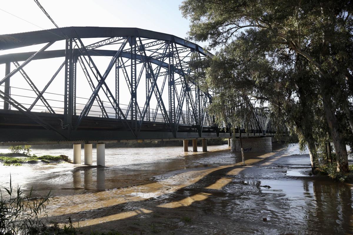 Los vecinos de la barriada de Doña Ana en la Estación de Cártama, junto al operarios Infoca, limpian los estragos de la nueva inundación provocada por la crecida del Guadalhorce durante la borrasca Francis