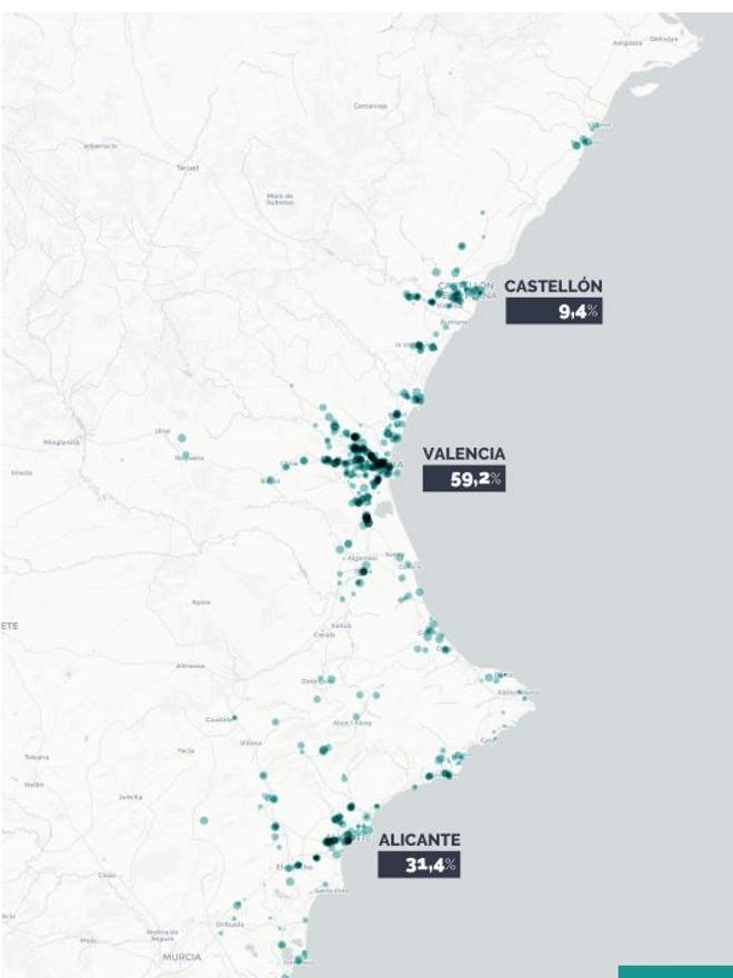 Distribución de las filiales de empresas extranjeras en la Comunitat Valenciana.