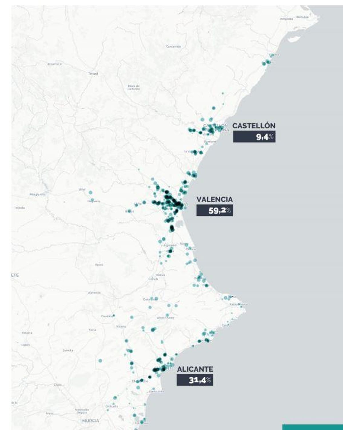 Distribución de las filiales de empresas extranjeras en la Comunitat Valenciana.