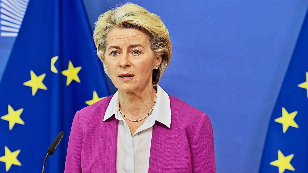 La presidenta de la Comisión Europea, Ursula Von der Leyen, durante su intervención de ayer. | DATI BENDO/E.P.