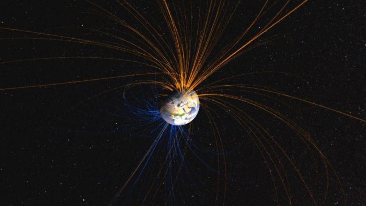 Simulación visual del campo magnético de la Tierra.