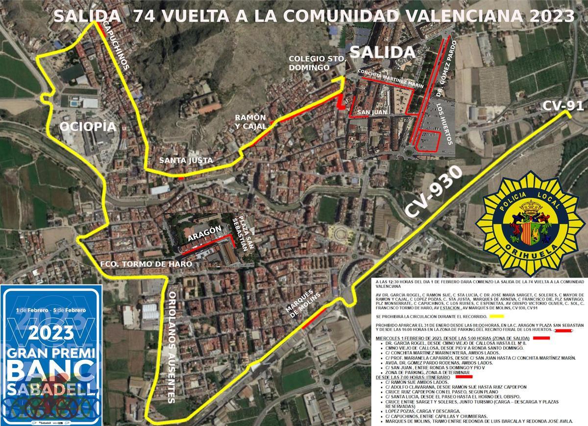 Plano que recoge el recorrido de la etapa ciclista y las prohibiciones de estacionamiento