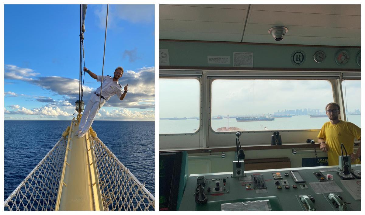Imagen de Fernando en el crucero en el que viaja en la actualidad (i), y en el petrolero a su llegada a Singapur (d).
