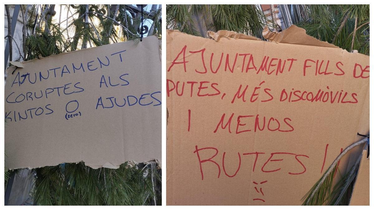 Dos de los cartones con mensajes e insultos contra el Ayuntamiento de Borriol.