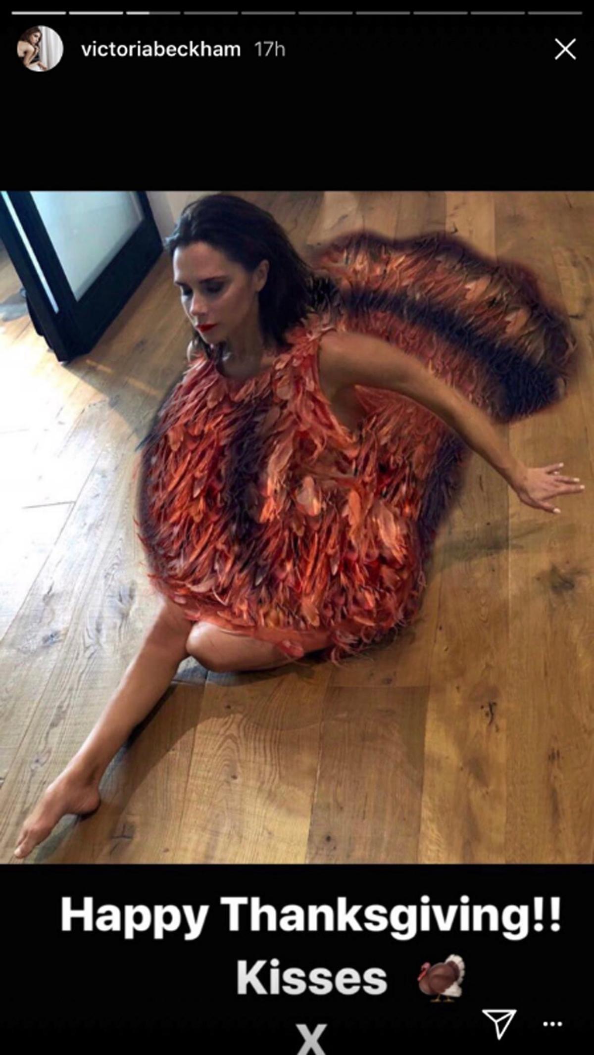 Victoria Beckham vestida de pavo en Acción de Gracias