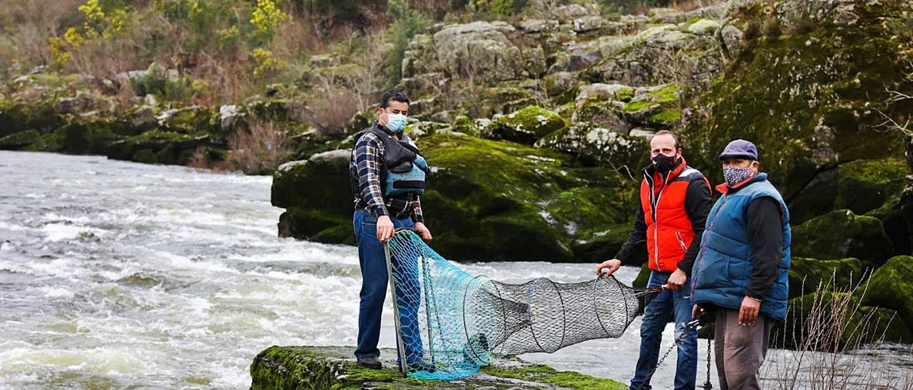 Tres pescadores de Arbo sobre una de las pesqueiras armando la red tradicional de captura conocida como biturón. |   // ANXO GUTIÉRREZ