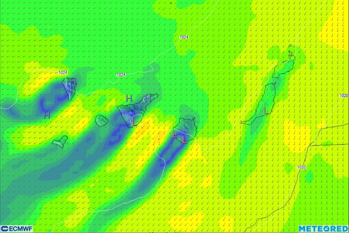 Mapa meteorológico de viento para este lunes en Canarias
