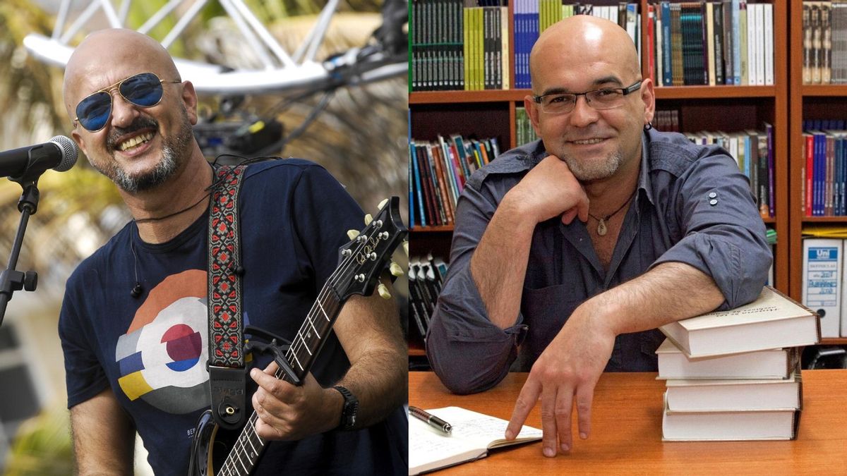 De izqda a dcha, el vocalista de Los Coquillos Ginés Cedrés y el escritor Alexis Ravelo.