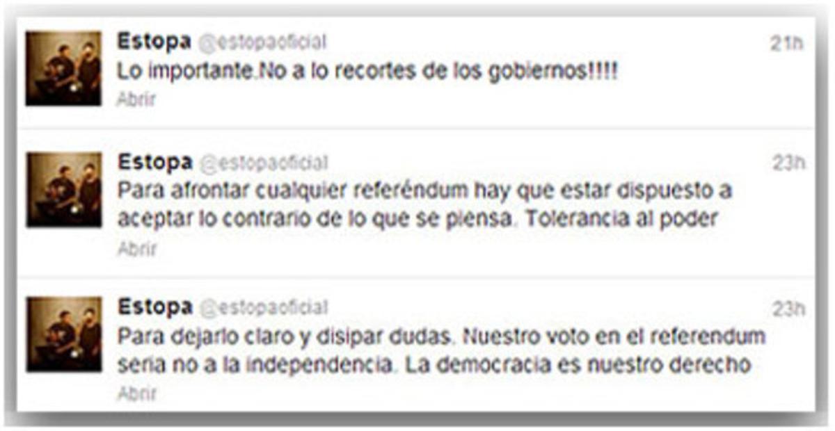 David i José Muñoz, els integrants d’Estopa, han dit que votarien ’no’ a la independència de Catalunya. David i José Muñoz, els integrants d’Estopa, han dit que votarien ’no’ a la independència de Catalunya.
