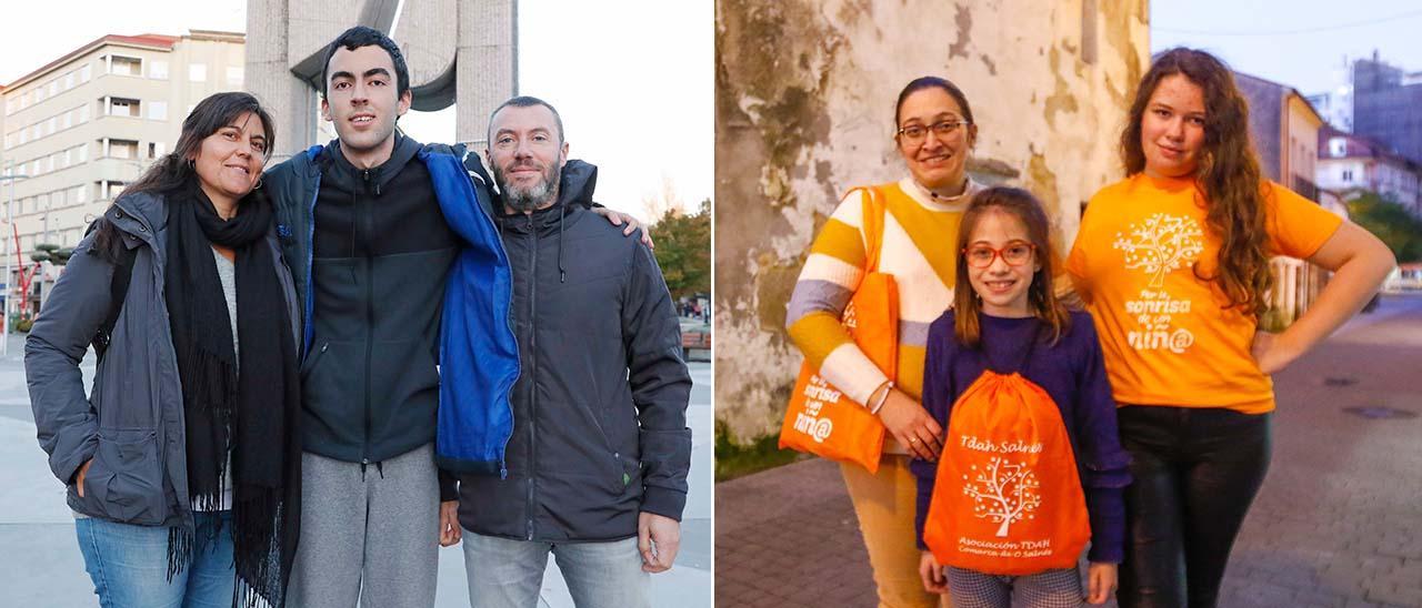 De izq. a dcha.: Encarna Fdez., André López y Juan López De La Fuente una familia viguesa con TEA. Mónica Noya, con sus hijas Nerea y Noemí, en Vilagarcía de Arousa.