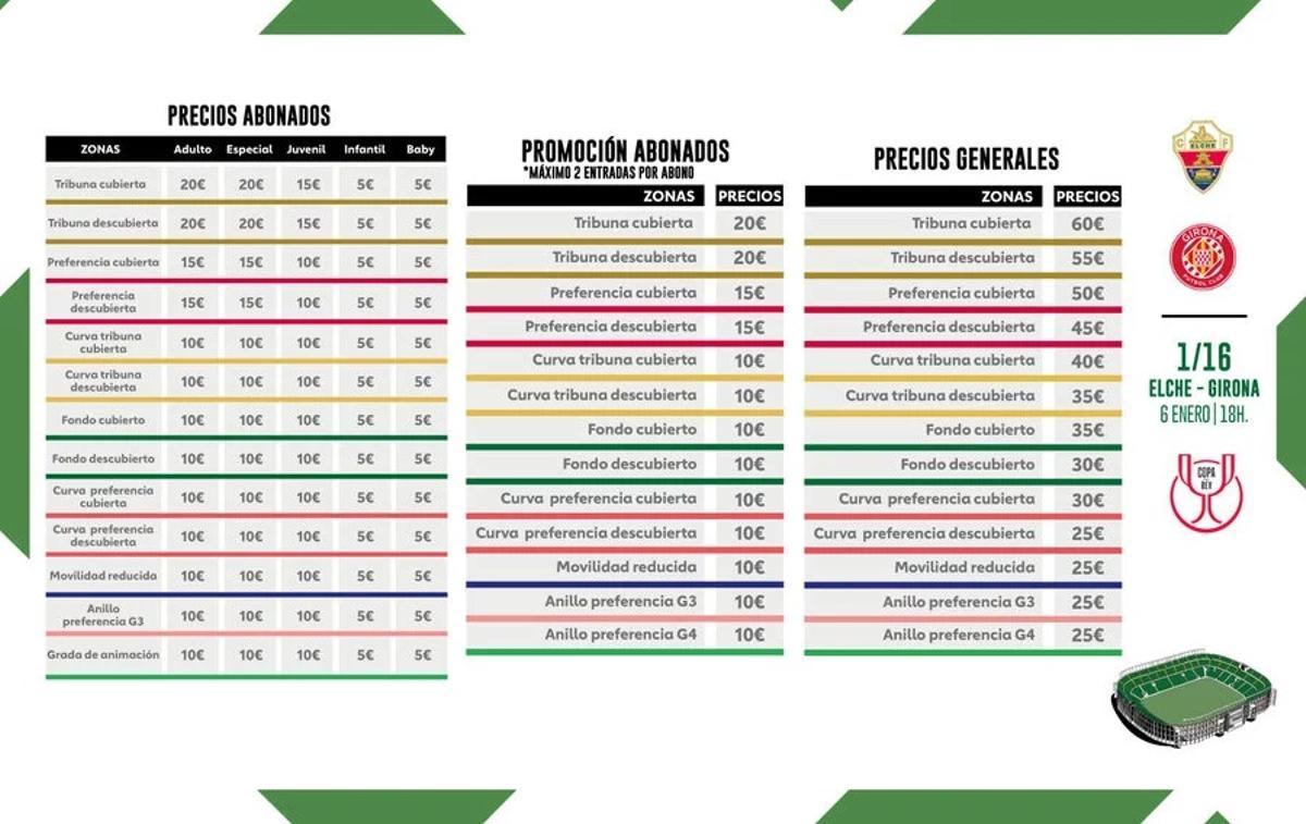 Listado de precios para el partido frente al Girona
