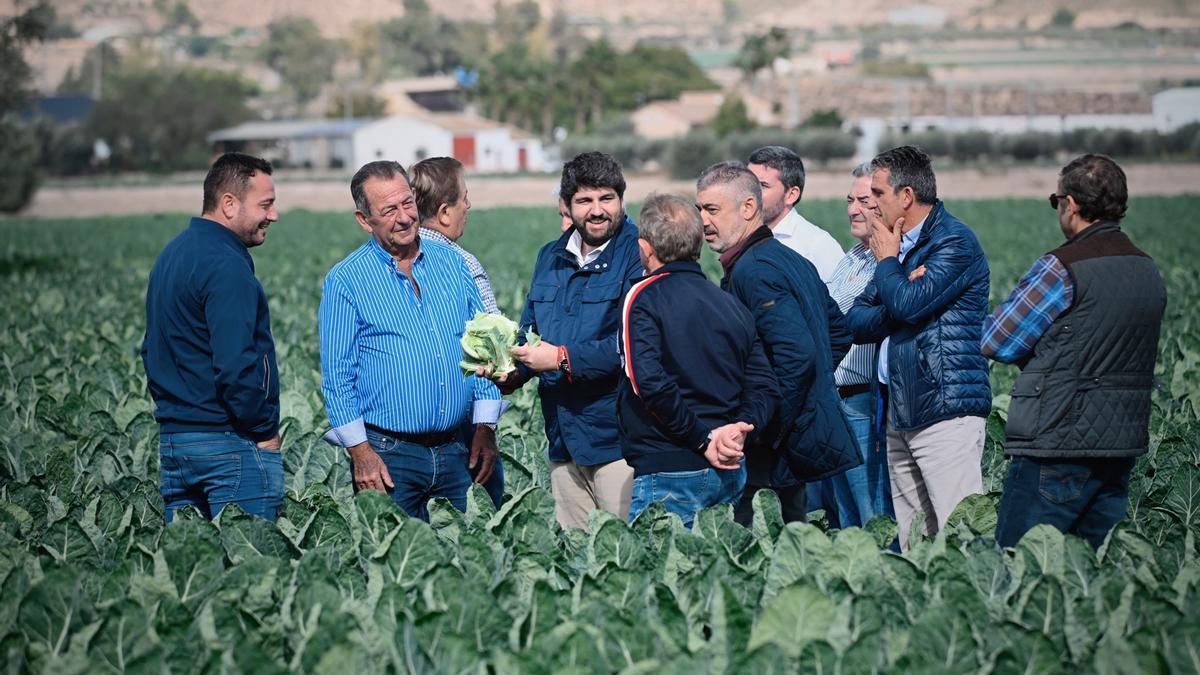 El presidente de la Región, Fernando López Miras, junto a representes de organizaciones del sector hortofrutícola, durante la visita a una empresa de Totana