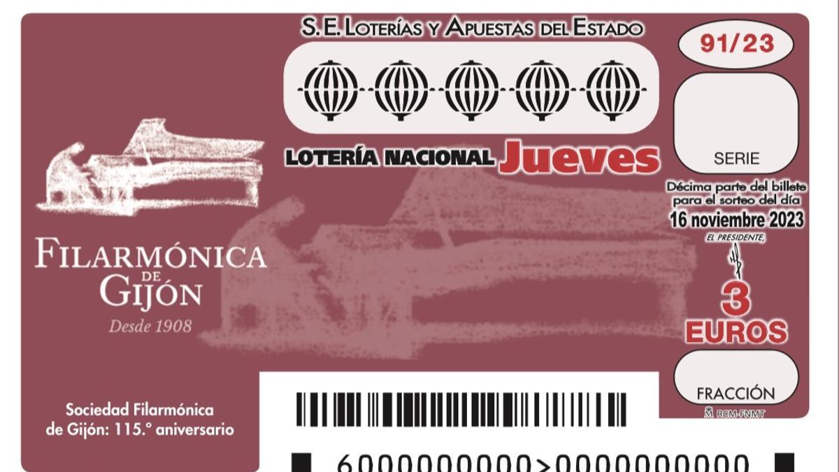 Modelo del décimo de venta de la Lotería Nacional dedicado a la Sociedad Filármonica de Gijón
