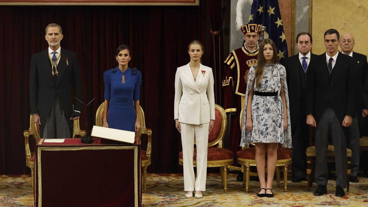 Els reis, la princesa Elionor, la infanta Sofia i el president del govern espanyol en funcions, Pedro Sánchez, al Congrés durant l'acte de jura de la constitució