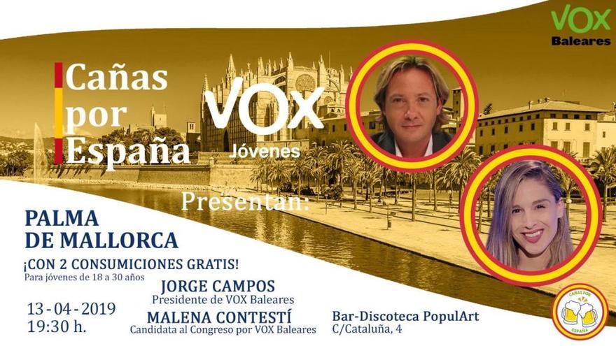 Imagen promocional del acto con caÃ±as gratis de Vox en Palma del sÃ¡bado.