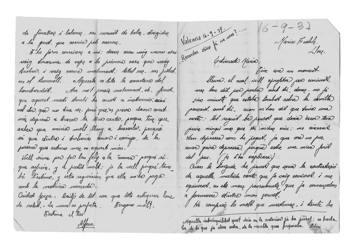 Una de les cartes enviades per Alfons de Batlle el setembre de 1937 a Maria Assumpció Tuèbols.