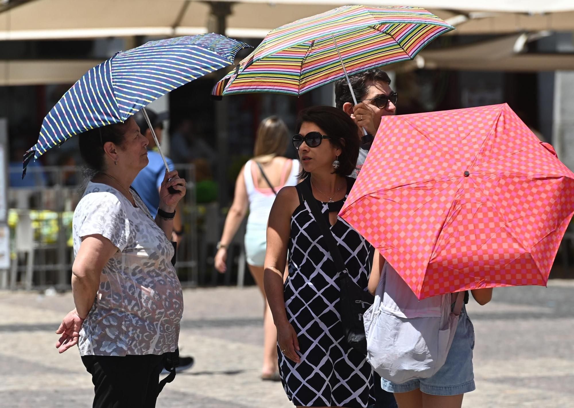 Varias personas de protegen del sol con paraguas.