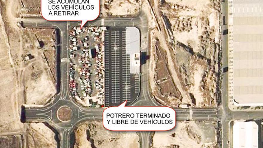 Imagen aérea del solar utilizado como potrero provisional y el depósito construido, al lado.