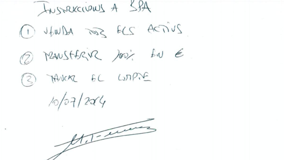 Manuscrito de Marta Ferrusola con &quot;instrucciones&quot; a la Banca Privada d'Andorra (BPA).