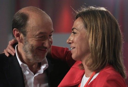 Spanish Socialist Workers' Party (PSOE)  former prime ministerial candidate Perez Rubalcaba and former defence minister Chacon are seen during the national congress in Seville