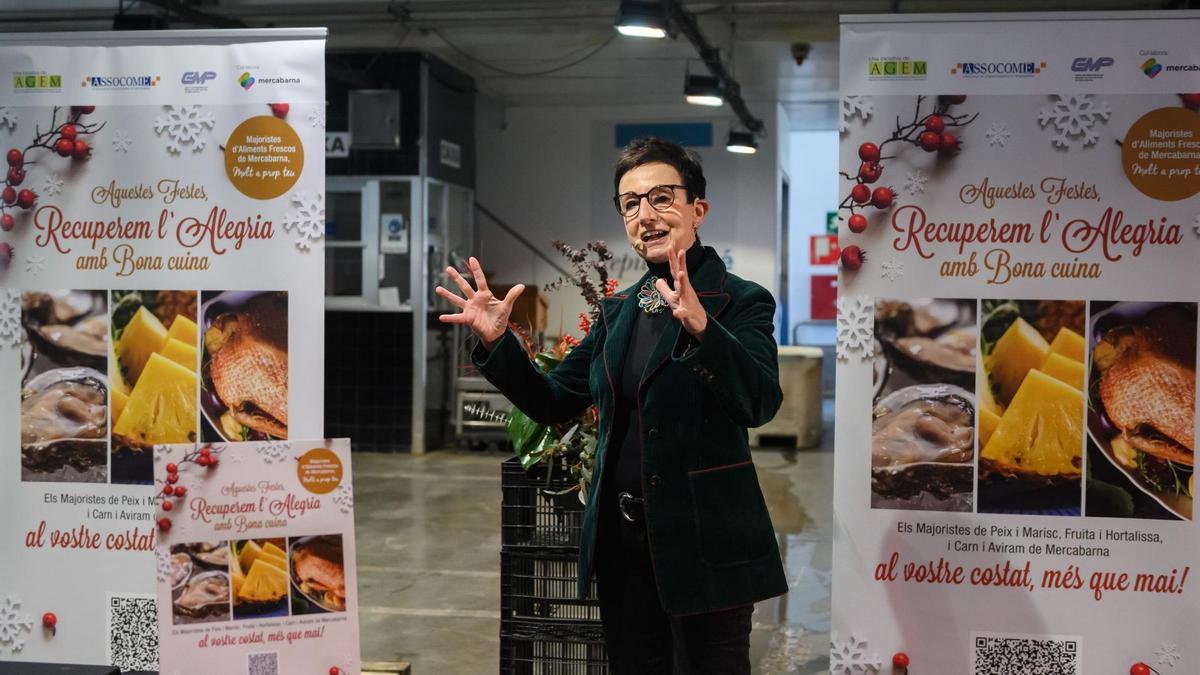 Barcelona 13/12/2021 acto de mayoristas de mercabarna con el lema Aquestes Festes, Recuperem l'Alegria amb la bona cuina y con la presencia de Carme Ruscalleda y de mercabarna Josep Capdevila, Angel Muñoz, Jaume Flores y Pere Prats