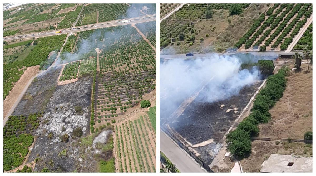Imágenes de los incendios en Nules y Burriana de este lunes.