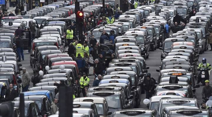 London cab drivers protest against Uber in central London, Britain