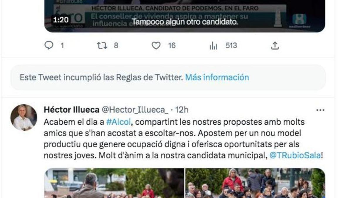 Captura del perfil de Héctor Illueca en Twitter y su tuit eliminado