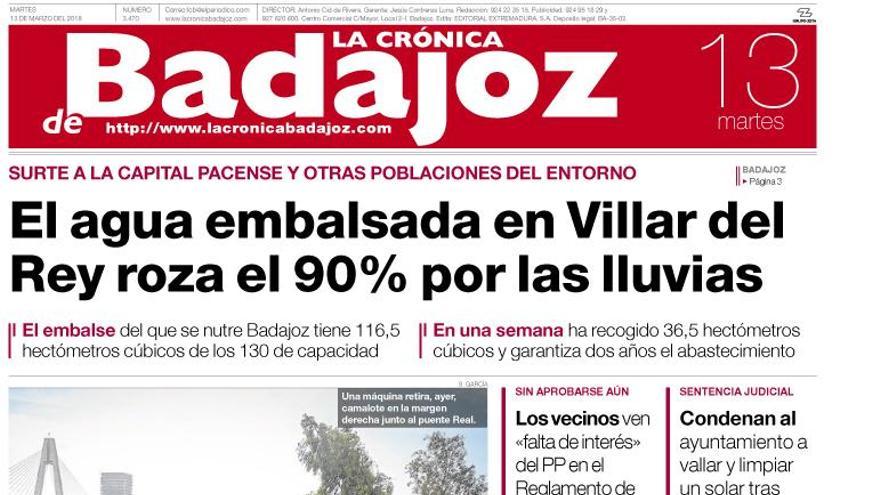 Esta es la portada de LA CRÓNICA DE BADAJOZ correspondiente al día 13 de marzo del 2018