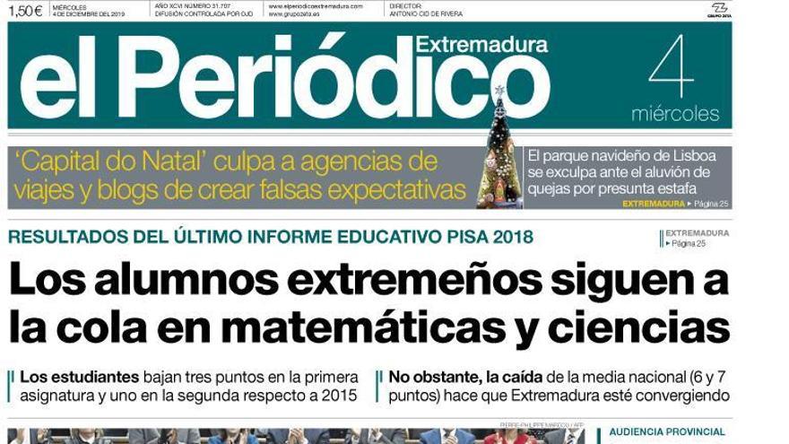 Esta es la portada de EL PERIÓDICO EXTREMADURA correspondiente al día 4 de diciembre del 2019