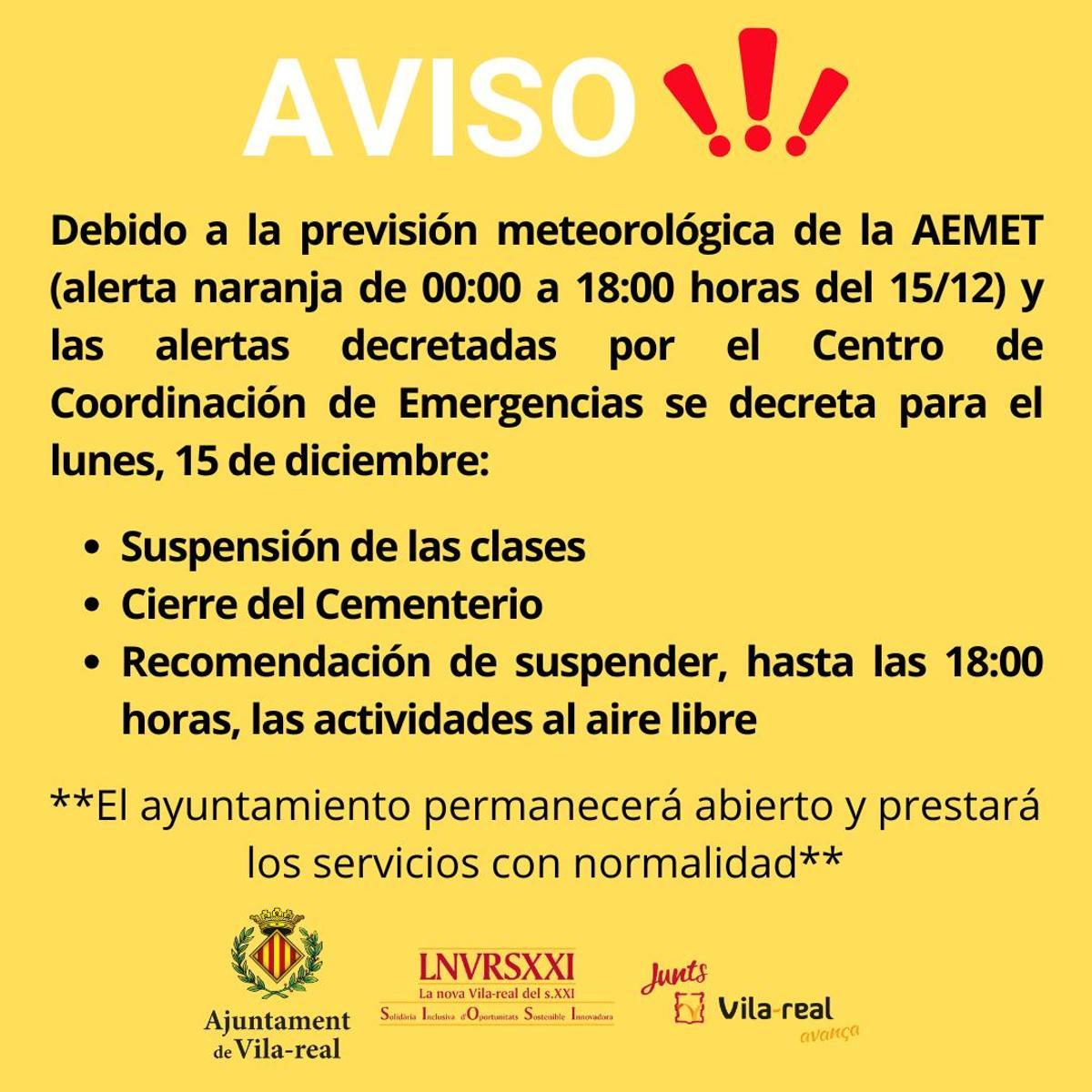 Aviso con las medidas anunciadas por el Ayuntamiento de Vila-real.