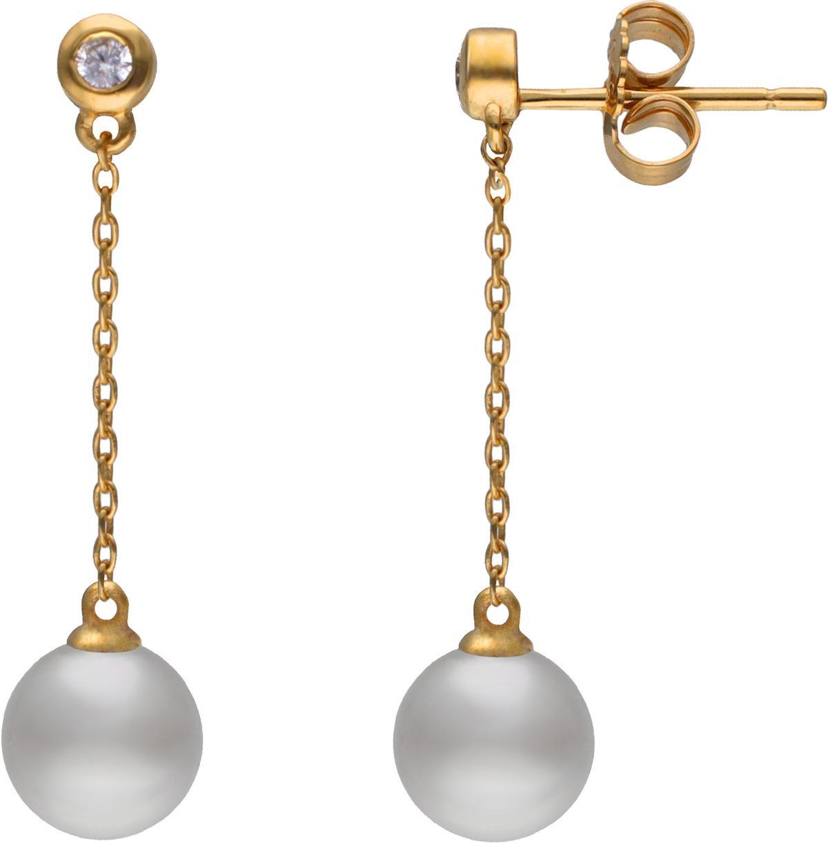 Pendientes Oro 18K con Perla Blanca Redonda y Diamantes de Laboratorio.