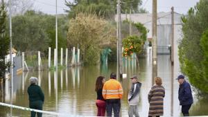 JEREZ DE LA FRONTERA (CÁDIZ), 30/01/2026.- Varios vecinos conversan junto a un área inundada en la zona rural de las Pachecas, en Jerez de la Frontera (Cádiz) por el desbordamiento del río Guadalete, este viernes. EFE/Román Ríos