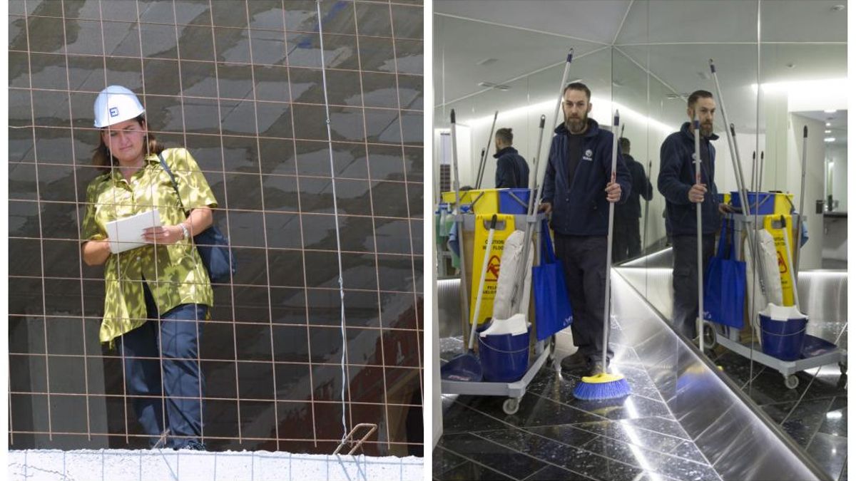 Estas estampas son todavía minoritarias, aunque se avanza poco a poco: como una mujer, trabajando en la obra; y un hombre, en limpieza.