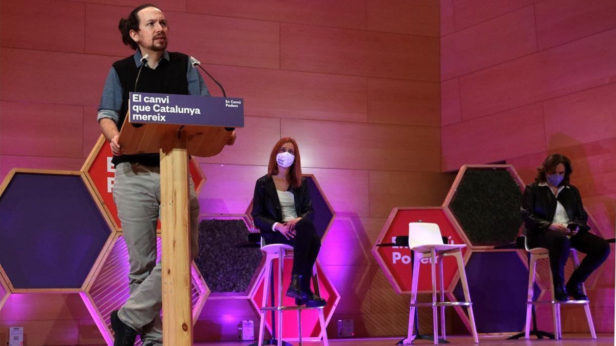 Pablo Iglesias durante el acto de campaña de En Comú Podem, en Santa Coloma de Gramanet.