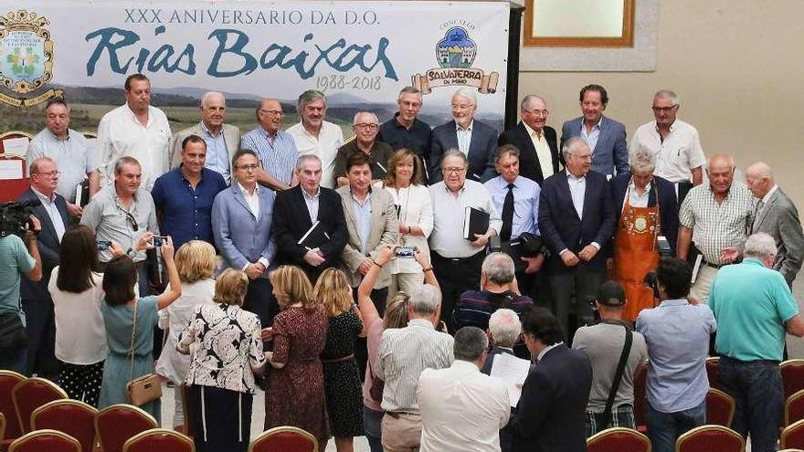 Foto de familia de los bodegueros impulsores de la DO Rías Baixas que fueron homenajeados. // A. H.