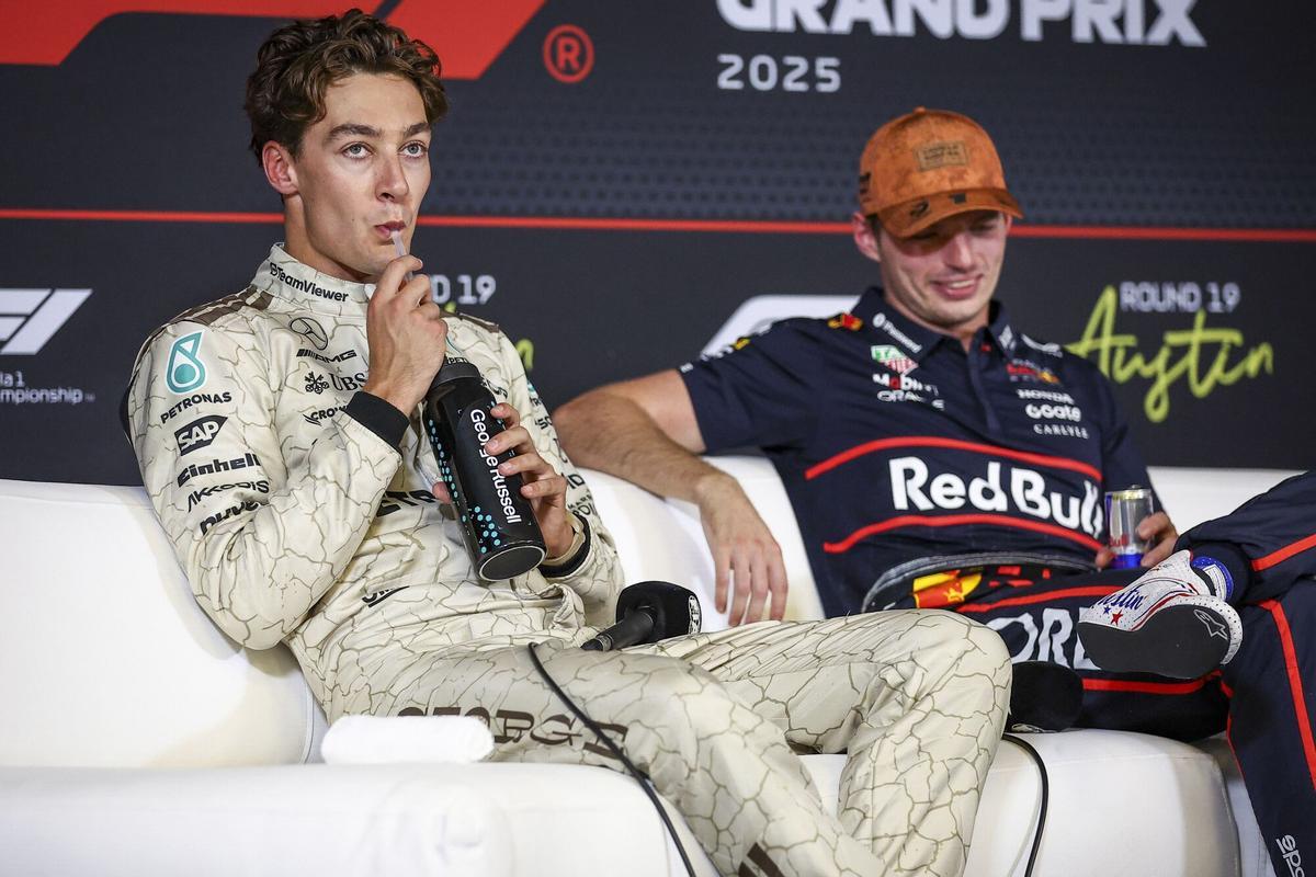 George Russell y Max Verstappen en rueda de prensa el pasado curso