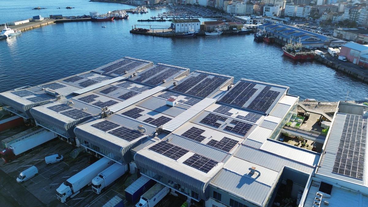 Imagen aérea de la cubierta de la lonja de Ribeira con los nuevos paneles fotovoltaicos