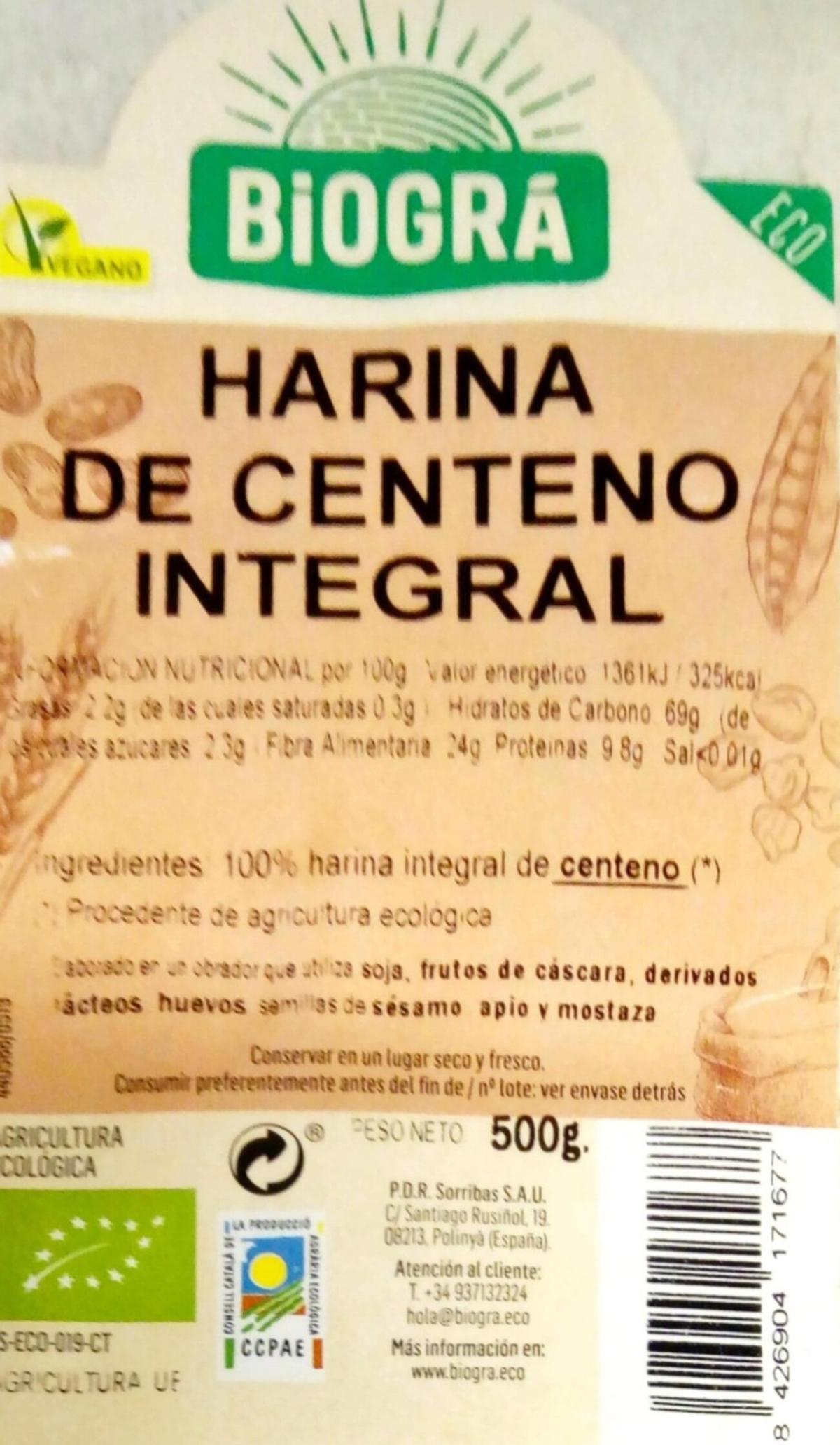 Harina ecológica de centeno integral que ha sido retirada en once comunidades autónomas, entre ellas Canarias.