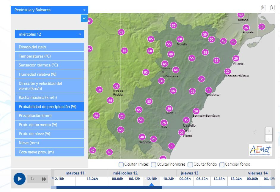 Probabilidad de precipitaciones en Castellón entre las 12.00 y las 18.00 horas.